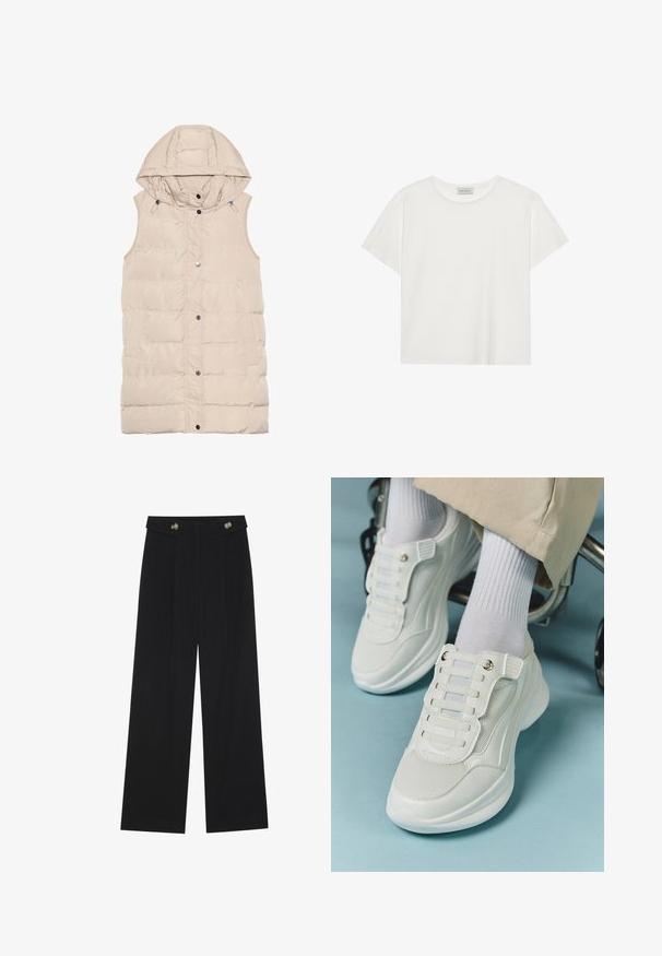 Beige padded vest with a hood, featuring a zipper and snap closure, side pockets, and a textured fabric design. Smooth finish.; White short-sleeve T-shirt made of soft cotton. Features a round neckline and relaxed fit. Clean design with no visible patterns or accents.; Black wide-leg trousers with high waist, button details on waistband, and front pleats.; White sneakers featuring a mesh material, rubber sole, lace-free design with elastic bands, and gold-toned accents.