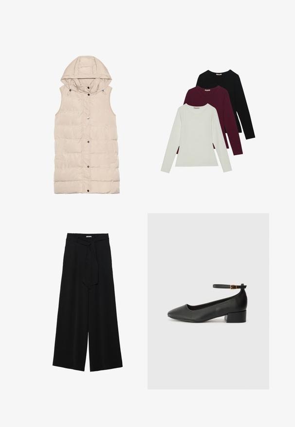 Colete acolchoado bege com capuz, apresentando fecho éclair e fecho de pressão, bolsos laterais e um design de tecido texturizado. Acabamento suave.; T-shirts de manga longa nas cores branca, burgundy e preta. Feitos de um tecido suave com decote redondo e design ajustado. Adequados para sobreposições.; Calças largas pretas com um tecido texturizado, uma cintura elástica e um laço destacável na cintura para um ajuste ajustável.; Sandal de pele preta com bico pontiagudo e um salto bloco baixo. Apresenta uma tira no tornozelo com uma fivela em tom dourado. Textura suave.