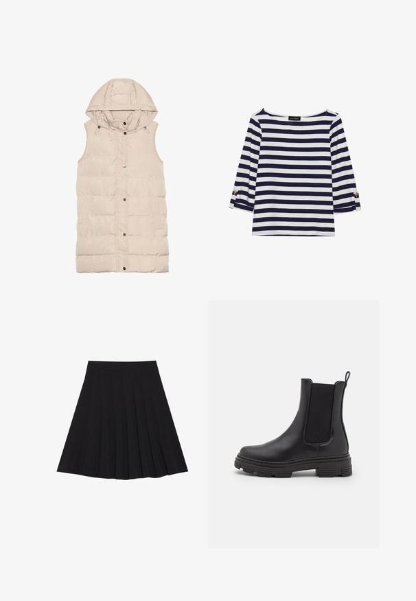 Beige gefütterte Weste mit Kapuze, ausgestattet mit einem Reißverschluss und Druckknopfverschluss, seitlichen Taschen und einem strukturierten Stoffdesign. Glatte Oberfläche.; Gestreiftes Langarmoberteil in Marineblau und Weiß mit einem Bootsausschnitt und goldfarbenen Knopfdetails an den hochgekrempelten Ärmeln. Weicher Stoff, entspannter Schnitt.; Schwarzer, plissierter Rock aus strukturiertem Stoff mit einem taillierten Bund. Fällt knielang und hat eine glatte, klare Silhouette.; Schwarze Leder-Ankle-Boots mit elastischen Seitenpaneelen, runder Spitze und texturierten Gummisohlen. Verfügt über eine Schlaufe an der Rückseite für ein einfaches Anziehen.