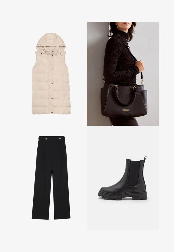 Beige padded vest with a hood, featuring a zipper and snap closure, side pockets, and a textured fabric design. Smooth finish.; Navy and white striped long-sleeve top with a boat neckline and gold-button accents on rolled sleeves. Soft fabric, relaxed fit.; Black wide-leg trousers with high waist, button details on waistband, and front pleats.; Black leather ankle boot with elastic side panels, rounded toe, and textured rubber sole. Features a loop at the back for easy wear.; Black handbag with textured surface, dual top handles, and adjustable shoulder strap. Features gold-tone hardware and side pockets.
