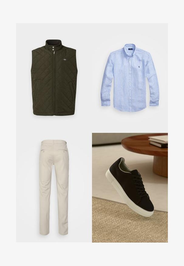 Kvadratuotas alyvuogių žalios spalvos liemėgis su aukšta apykakle, priekiniais užtrauktukais ir spaustukais. Yra šoninės kišenės ir mažas logotipas ant krūtinės.; Mėlynos ir baltos dryžuotos ilgomis rankovėmis medvilninė marškiniai, turintys sagtelę ant apykaklės, priekinius mygtukus ir mažą išsiuvinėtą logotipą krūtinėje.; Bežinės kelnės su lygia tekstūra, tiesiu pjūviu, dviem užpakalinėmis kišenėmis su sagomis ir standartine juosmena.; Juodas sportinis batelis su baltu padu, lekiančius virš smėlio spalvos tekstūruoto kilimo šalia apvalaus medinio stalo su sukrautomis knygomis.