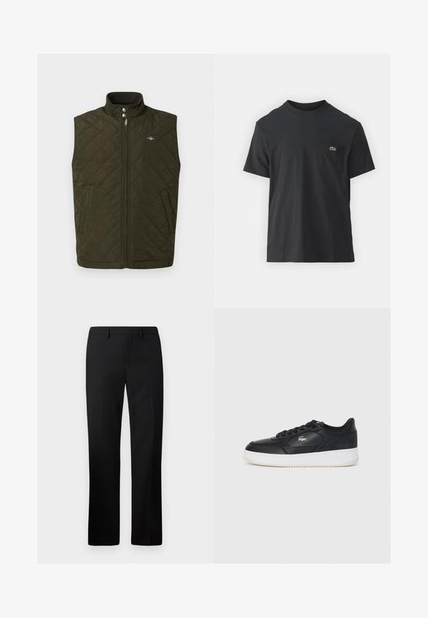 Iebiezams zaļais vests ar augstu apkakli, priekšējo rāvējslēdzēju un spiedpogām. Tam ir sānu kabatas un neliels logo uz krūtīm.; Melnas kokvilnas T-krekls ar īsām piedurknēm, apaļu kakla izgriezumu un mazu zaļu logotipu kreisajā krūšu kabatē. Vienkāršs dizains, regulāra piegriezuma.; Melnas pielāgotas bikses ar taisnu kāju dizainu, izgatavotas no gludas auduma. Iespējas ietver plakanu priekšpusi un vidēja augstuma jostas vietu.; Melnas ādas tenisa kurpes ar baltu zoli, ar noapaļotu purngalu, saista dizainu un nemanāmu logotipu sānos. Strukturēta virsma.