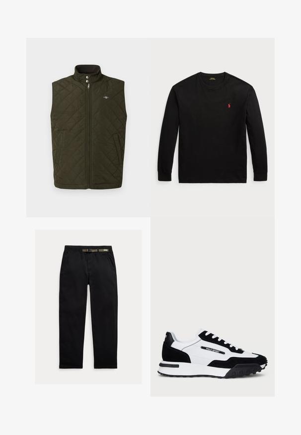 Pikowana oliwkowa kamizelka z wysokim kołnierzem, przednim zamkiem błyskawicznym i zatrzaskami. Wyposażona w boczne kieszenie oraz małe logo na piersi.; Czarny t-shirt z długim rękawem wykonany z bawełny. Posiada okrągły dekolt, ściągacze przy mankietach oraz małe czerwone haftowane logo na piersi. Gładka tekstura.; Czarne spodnie wykonane z lekkiego materiału, z elastycznym paskiem wbudowanym w zielony pas, prostą nogawką oraz bocznymi kieszeniami.; Sneakers z czarnym zamszem i białą skórzaną cholewką, z czarną gumową podeszwą, białymi sznurowadłami oraz logo "POLO SPORT" po boku.