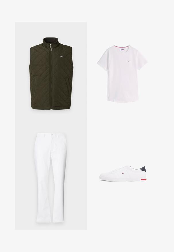 Vest oliv cu quilt, cu guler înalt, fermoar frontal și nasturi cu capsa. Prezintă buzunare laterale și un mic logo pe piept.; Tricou alb cu mânecă scurtă și guler rotund, cu logo mic Tommy Hilfiger pe piept și margine roșie, albă și albastră în interiorul gulerului.; Pantaloni albi din bumbac cu un design drept, buzunare frontale, închidere cu un singur buton și o textură netedă.; Adidași albi cu vârf jos, din piele netedă. Prezintă un toc albastru marine și un accent roșu pe talpă. Șase gauri pentru șireturi.