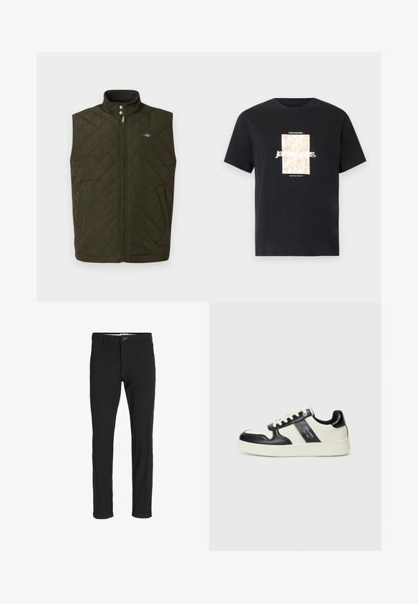 Pikowana oliwkowa kamizelka z wysokim kołnierzem, przednim zamkiem błyskawicznym i zatrzaskami. Wyposażona w boczne kieszenie oraz małe logo na piersi.; Czarny bawełniany t-shirt z okrągłym dekoltem. Posiada beżowy prostokątny grafik oraz biały tekst "JAWO," umieszczony na środku z przodu. Krótkie rękawy.; Czarne spodnie z bawełnianego materiału w slim fit, z zapięciem na guzik, kieszeniami i podwiniętymi mankietami, co nadaje im swobodny charakter.; Skórzane sneakersy w czarno-kremowym schemacie kolorystycznym, z perforowanymi akcentami, wyściełanym kołnierzem i teksturowaną podeszwą.