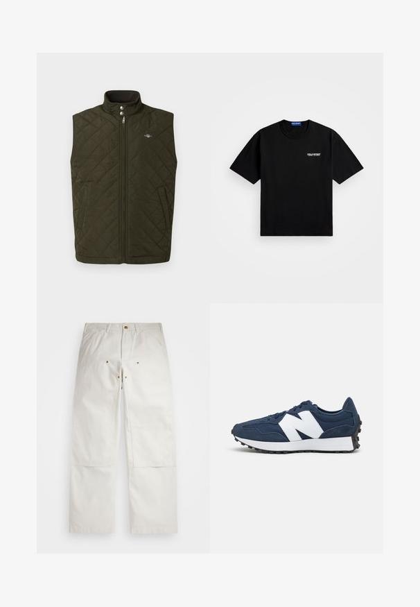 Κουκουλωτό γιλέκο ελιάς με ψηλό γιακά, μπροστινό φερμουάρ και κουμπιά. Διαθέτει πλαϊνές τσέπες και ένα μικρό λογότυπο στο στήθος.; Μαύρη βαμβακερή μπλούζα με στρογγυλή λαιμόκοψη και κοντό μανίκι. Διαθέτει το λογότυπο "POLO SPORT" στο αριστερό στήθος σε λευκό χρώμα. Κανονική εφαρμογή.; Λευκό βαμβακερό παντελόνι με χαλαρή εφαρμογή, που διαθέτει μπροστινές τσέπες, χρυσά μεταλλικά στοιχεία και λεπτομέρειες με μαξιλαράκια στα γόνατα.; Ναυτικά μπλε αθλητικά παπούτσια με λευκό λογότυπο, επάνω μέρος από σουέτ και πλέγμα, με επενδεδυμένο κολάρο, επίπεδους κορδόνια, και υφασμάτινη υφή από μαύρο καουτσούκ.