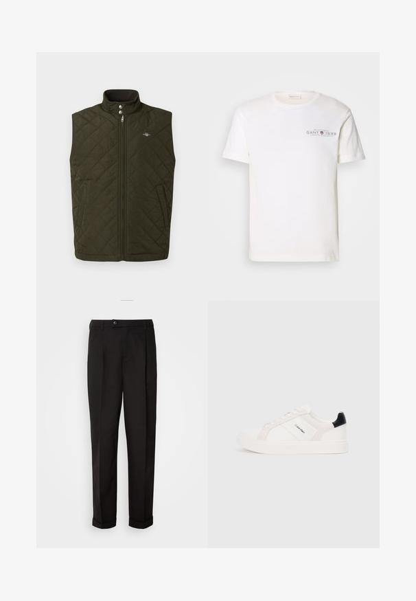 Nabirka u obliku jastučića u maslinasto zelenoj boji s visokim ovratnikom, prednjim zatvaračem i dugmadi na zakvačivanje. Ima bočne džepove i mali logotip na prsima.; Bijela pamučna majica s okruglim izrezom, kratkim rukavima i printanim logotipom. Karakterizira je minimalistički dizajn i opušteni kroj.; Crne hlače glatke teksture, ravnog kroja, s dva prednja džepa i zatvaranjem na jedan gumb u struku.; Bijele tenisice s svijetlo ružičastim i crnim naglascima, s glatkim kožnim i zamšenim panelima, okruglim vrhom i ravnim gumiranim potplatom.