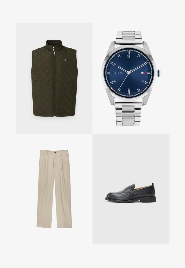 Pikowana oliwkowa kamizelka z wysokim kołnierzem, przednim zamkiem błyskawicznym i zatrzaskami. Wyposażona w boczne kieszenie oraz małe logo na piersi.; Biała, krótka koszulka polo z teksturowanym splotem, z dekoltem w kształcie litery V i ściągaczami przy rękawach dla dopasowanego wykończenia.; Beżowe spodnie o prostym kroju, z pojedynczym czarnym guzikiem, szlufkami na pasek oraz bocznymi kieszeniami. Gładka faktura materiału i minimalistyczny design.; Czarne skórzane mokasyny z gładkim wykończeniem, płaską podeszwą i zaokrąglonym czubkiem, ozdobione paskiem na górze.; Srebrny zegarek metalowy z satynową niebieską tarczą, białymi znacznikami godzin oraz wyświetlaczem daty. Posiada ogniwowy metalowy pasek i logo marki.