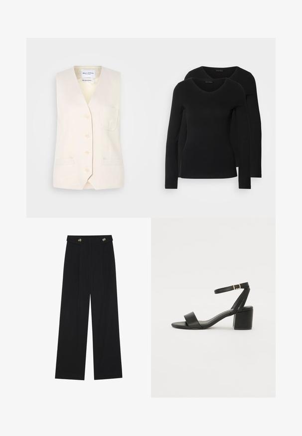 Lichtbeige mouwloze vest met een V-hals, vijf knopen en een enkele borstzak. Gemaakt van een gestructureerde stof met twee zijzakken.; Twee zwarte longsleeve shirts met een V-hals ontwerp, gemaakt van zachte, rekbare stof, die een gladde textuur en een getailleerde vorm laten zien.; Zwarte wijde broek met hoge taille, knoopdetails op de tailleband en plooien aan de voorkant.; Zwarte hoge sandaal met een soepel leren bovenkant, een open teen, brede voorkruisbanden en een verstelbare enkelband met een gouden gespdetail.