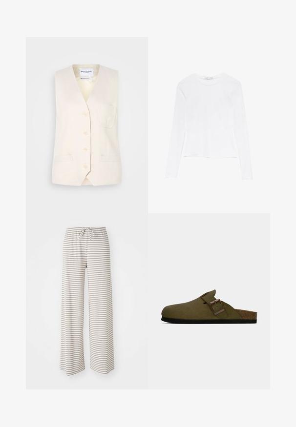 Svijetlo bež bezrukavni prsluk s V-izrezom, pet dugmadi i jednom džepom na prsima. Izrađen od strukturiranog materijala s dva bočna džepa.; Bijela majica dugih rukava s okruglim izrezom. Ima uski kroj, glatku teksturu tkanine i malo skraćeni rub.; Hlače širolinijske kroja od lagane tkanine, s horizontalnim prugama u bež i bijeloj boji. Elastična pojas sa vezicom.; Maslinasto zelena klompa bez kopčanja s širokim podesivim remenom i brončanim kopčanjem, pluta podloga i crna gumena potplat.