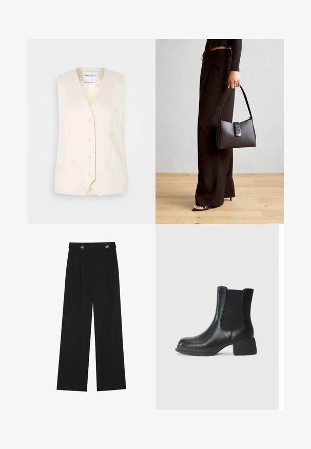 Lys beige ermeløs vest med v-hals, fem knapper og en enkelt brystlomme. Laget av teksturert stoff med to sidelommer.; To lange ermer t-skjorter, en svart og en hvit, begge med firkantet utringning og laget av mykt, elastisk stoff.; Svart vide bukser med høy midje, knappdetaljer på midjebåndet og frontplisser.; Sorte skinn ankle boots med elastiske sidepaneler, rund tå og en lav blokk hæl. Overflaten har en jevn tekstur og minimal detaljering.; Svart håndveske med strukturert form, jevn tekstur og metallisk lås. Kombinert med brede svarte bukser og sandaler med åpen tå på tregulv.