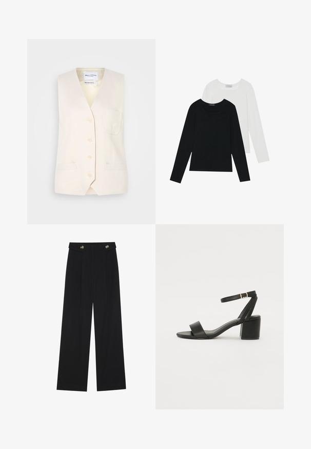 Šviesiai béžinė be rankovių liemenė su V formos iškirpte, penkiais mygtukais ir vienu krūtiniu kišenėje. Pagaminta iš tekstūruoto audinio su dviem šoninėmis kišenėmis.; Du suknelės su ilgomis rankovėmis, viena juoda ir viena balta, abi su kvadratiniu iškirpimu ir pagamintos iš minkštos, elastingos medžiagos.; Juodi plačios kojos kelnės su aukštu liemeniu, sagų detalėmis ant liemens ir priekinėmis raukšlėmis.; Juodos aukštakulnės sandalai su lygiu odiniu viršumi, atvira nosimi, plačiomis priekinėmis dirželiomis ir reguliuojama kulkšnies juosta su auksiniu sagtimi.