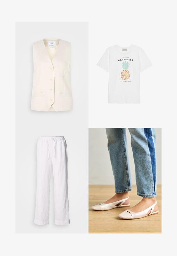 Lys beige ermeløs vest med v-hals, fem knapper og en enkelt brystlomme. Laget av teksturert stoff med to sidelommer.; Hvit bomulls t-skjorte med et ananasmotiv, grønne blader, gull aksenter og svart tekst som sier "Et stykke lykke for sjelen din."; Hvite linbukser med en avslappet passform, elastisk midje og snor. Har rette ben og rullede kanter for et uformelt utseende.; Lys rosa slingback leiligheter med spiss tå, laget av et glatt, læraktig materiale. Har utskjæringer på sidene og lav hæl.