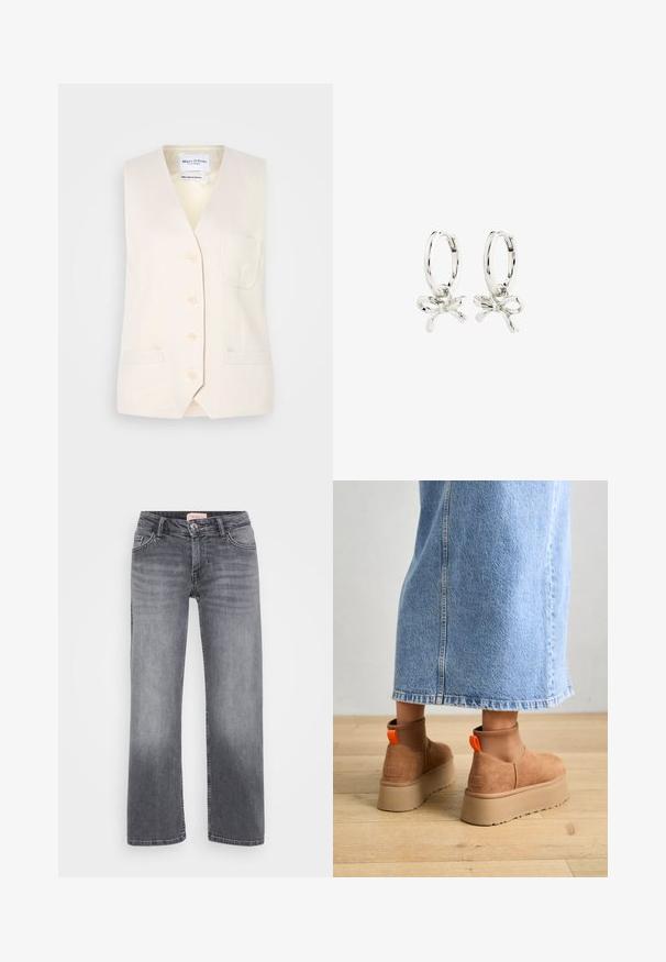 Helebeež särk ilma varrukateta, V-kaelusega, viie nööbiga ja ühe rinnataskuga. Valmistatud tekstureeritud kangast, millel on kaks küljetaskut.; Kolm pika varrukaga lühikest tsooni moodustavat topi, värvid valge, beež ja tuhm türkissinine, ümmarguste kaelustega, heleda halli tausta peal.; Halli teksad otste kujundusega, viie taskuga stiil, kerge pleekimisega ja nööpkinnipeaga vöökoht.; Pruunid nahatooted platvormikontsad elastsete külgpaneelidega ja oranžide tõmbetuttidega, koos puusani ulatuva heleda denim-seelikuga puidust põrandal.; Hõbedased rõngas kõrvarõngad, millel on lipsu kujundus, sile viimistlus ja läikiv tekstuur. Kompaktne, minimalistlik stiil, sobib erinevateks juhtudeks.