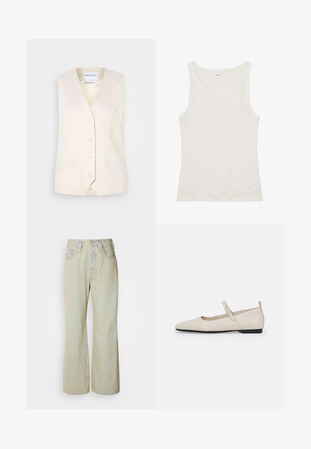 Světlé béžové bezrukávové sako s výstřihem do V, pěti knoflíky a jedinou náprsní kapsou. Vyrobeno z texturované látky se dvěma bočními kapsami.; Bílý bavlněný top bez rukávů s širokým výstřihem a tenkými ramínky. Hladká textura bez viditelných vzorů nebo ozdob.; Světle modré džínové kalhoty s širokým střihem, vyrobené z denimu, s vysokým pasem, pěti kapsami a jemným vyšisováním s kontrastním prošíváním.; Bílé kožené baleríny Mary Jane s špičatou špičkou, postranním sponou a nízkým černým podpatkem. Hladká textura a minimalistický design.