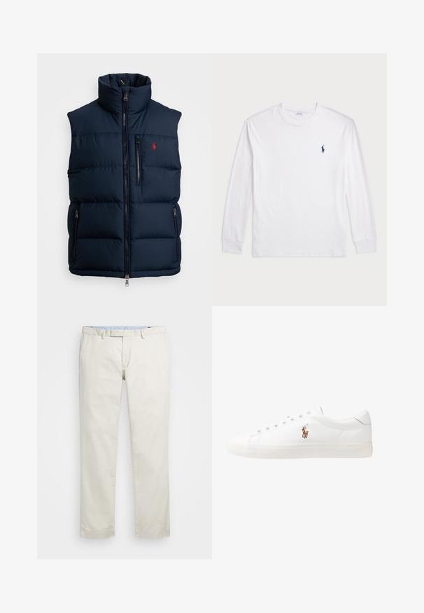 Polo Ralph Lauren INSULATED - Vestă - collection navy; Tricou alb cu mânecă lungă, din bumbac. Are un decolteu rotund, mansete ribbate și un mic logo polo bleu închis pe pieptul stâng.; Chino din bumbac bej cu față plată, bucle pentru curea și buzunare laterale. Design cu picioare drepte, textură netedă și o senzație ușoară și respirabilă.; Adidași din piele albă, design de tip low-top, cu o textură netedă, vârf rotund, față șiretată și un mic logo brodat pe lateral.