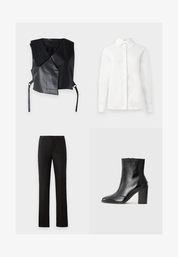 STUDIO ID Brezrokavnik - nappa black; Bela srajca z dolgimi rokavi, izdelana iz gladkega bombaža, z ostrim ovratnikom, osrednjim gumbom ter ravnimi robovi in z gumbi na manšetah.; Črne krojene hlače s ravnim nogavicam, dvema sprednjima žepoma, gumbom za zapiranje in nabranimi detajli spredaj. Gladka tekstura tkanine.; Črne usnjene gležnarske čevlje z gladko teksturo, koničastim nosom in debelim visokim petam. Imajo stransko odprtino in minimalističen dizajn.