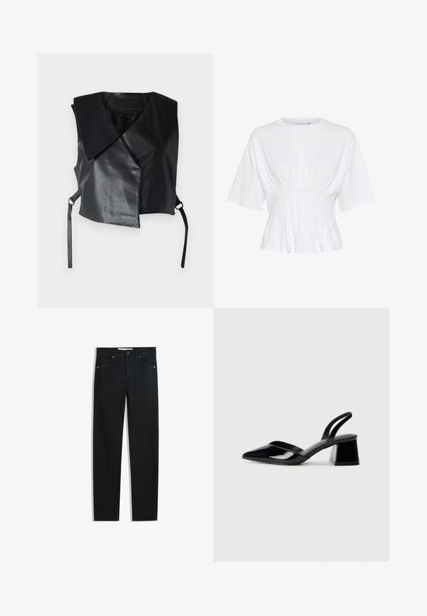 STUDIO ID Väst - nappa black; Vit kortärmad topp i mjuk tyg, med rund halsringning och rynkade detaljer vid midjan för en figurnära look.; Svarta denimbyxor med rak bendesign, fem fickor, metallknappstängning och subtila sömmar. Slät textur.; Svarta lackläder slingback klackar med spetsig tå och geometrisk klack. Har en elegant, minimalistisk design och slät yta.