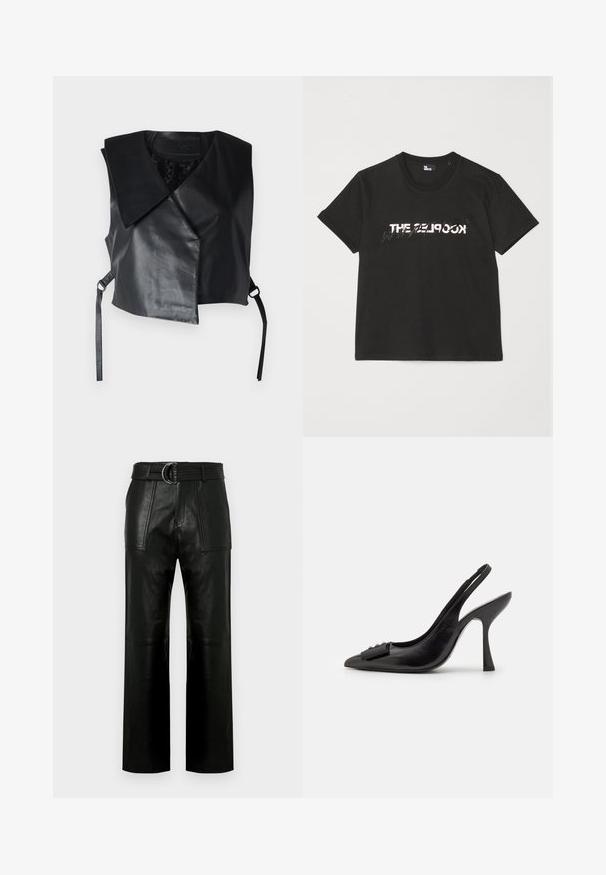 STUDIO ID Strukirani kaput - nappa black; Crna pamučna majica s kratkim rukavima, s printanim bijelim i sivim dizajnom "THE 2LOOK" na prednjem dijelu. Klasičan okrugli izrez.; Hlače od crne kože visokog struka s širokim nogavicama, velikim prednjim džepovima i odgovarajućim remenom s dvostrukom kopčom.; Crna kožna slingback cipela s uskim vrhom, vitkim visokom petom i dekorativnom mašnom. Glatka tekstura i elegantan dizajn.