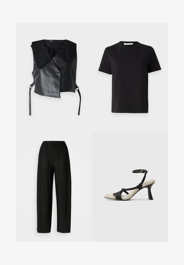 STUDIO ID Vestă - nappa black; Tricou negru cu manșon scurt, fabricat din bumbac moale, având un guler rotund, o croială lejeră și o textură netedă. Fără modele sau grafice vizibile.; Pantaloni negri cu pliuri largi și talie elastică. Materialul are pliuri verticale și o textură netedă.; Sandal cu toc negru, cu design de curea împletită, vârf pătrat și curea de gleznă ajustabilă. Tălpică de un bej deschis și toc negru lucios.