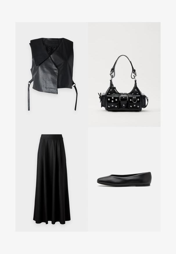 STUDIO ID Brezrokavnik - nappa black; Črn bodi z dolgimi rokavi in globokim V-izrezom, ki ima večplastni dizajn volanov čez prsi ter zvonaste rokave. Gladek, elastičen material.; Črna, dolg krožni krilo z gladko teksturo, širokim pasom in nabranim dizajnom, brez vidnih vzorcev ali okrasnih elementov.; Paul Smith TOPANGA - Balerinke - black; Črna usnjena torbica s ukrivljenim dizajnom, ki vsebuje srebrne žebljičke, zaponko in dve stranski žepki. Nastavljiv trak za različne možnosti nošenja.