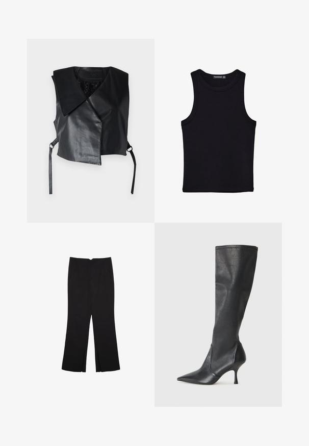 STUDIO ID - Kamizelka; Czarny top na ramionczkach wykonany z bawełny, z okrągłym dekoltem i szerokimi wycięciami na ramionach. Gładka tekstura z przeszytymi brzegami. Klasyczny, minimalistyczny design.; Czarne spodnie o prostym kroju, z przednimi kieszeniami i bocznymi rozcięciami na dole. Wykonane z miękkiego, gładkiego materiału. Odpowiednie na różne okazje.; Czarne skórzane botki do kolan z ostrym noskiem i wąskim obcasem w szpilkę. Gładka tekstura z dopasowanym krojem i przeszyciem na górnej krawędzi.