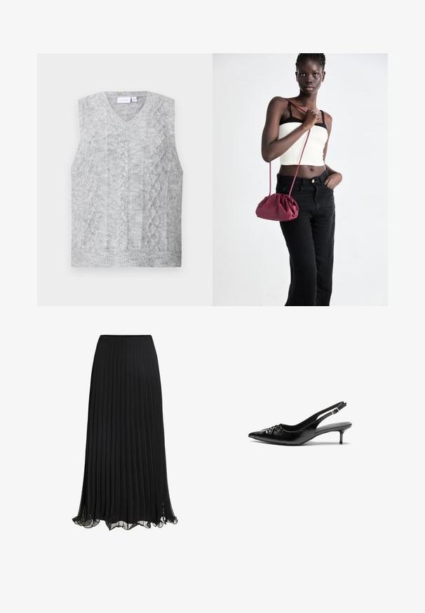 Pelēks bez piedurknēm krekls ar V formas kakla izgriezumu, ar pīna trikotāžas rakstu. Mīksta tekstūra un ribota apmale. Minimālistisks dizains bez rotājumiem.; Baltas īsām piedurknēm T-krekls, izgatavots no ribota kokvilnas auduma. Pieguļošs dizains ar apaļu izgriezumu un gludu tekstūru. Bez rakstiem vai rotājumiem.; Melna plisēta grīdas garuma svārki no viegla auduma ar plūstošu dizainu. Iespējas ar viļņotu apakšmalu un elastīgu jostasvietu komfortam.; Melni ādas sandales ar norādītu pirkstu, mazu kaķa papēdi un dekoratīvu mezglu detaļu priekšā. Gluda tekstūra visā virsmā.; Burgundijas mīkstas auduma soma ar sakoptu dizainu un garu siksnu, nēsāta uz krūšu. Modelis valkā baltu piegriezuma topu un melnas džinsus.