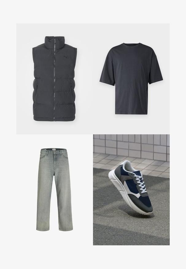 Czarna kamizelka puchowa z materiału syntetycznego, z wysokim kołnierzem, zamkiem błyskawicznym z przodu i dwiema bocznymi kieszeniami na zamek. Posiada logo na klatce piersiowej.; Ciemnoszara koszulka z krótkim rękawem wykonana z lekkiej bawełny, posiadająca luźny krój i klasyczny okrągły dekolt, o gładkiej fakturze i bez wzorów.; Jasnoszare, luźne dżinsy wykonane z denimu. Posiadają klasyczny pięcio-kieszeniowy krój, szlufki na pasek oraz prostą nogawkę.; Sneakers z granatową siateczkową cholewką, szarymi zamszowymi akcentami, białą gumową podeszwą i płaskimi białymi sznurówkami, zaprojektowane z myślą o komforcie i wentylacji.