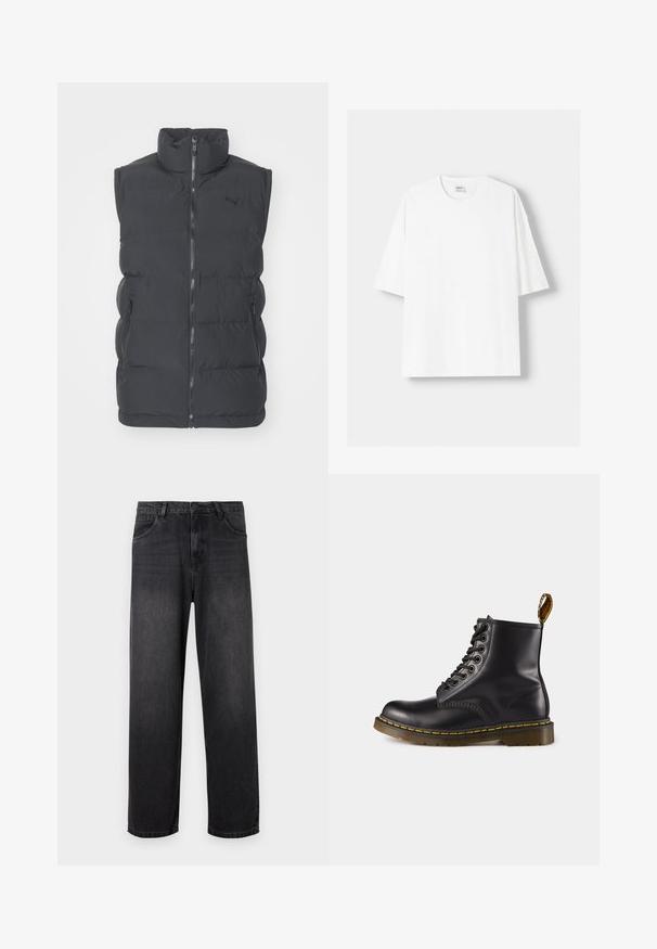 Vesta puffer neagră din material sintetic, cu guler înalt, fermoar frontal și două buzunare laterale cu fermoar. Prezintă un logo pe piept.; Tricou alb cu mânecă scurtă, confecționat din bumbac, cu un decolteu rotund și o croială lejeră. Textură netedă, fără modele sau accente vizibile.; Jeans negri din denim, cu croială dreaptă, cu fermoar, cinci buzunare și detalii subtile de decolorare pe material.; Botină din piele neagră până la gleznă, cu cusături galbene, șireturi în față, vârf rotund și talpă din cauciuc texturat. Include un tab pentru a fi trasă la spate.