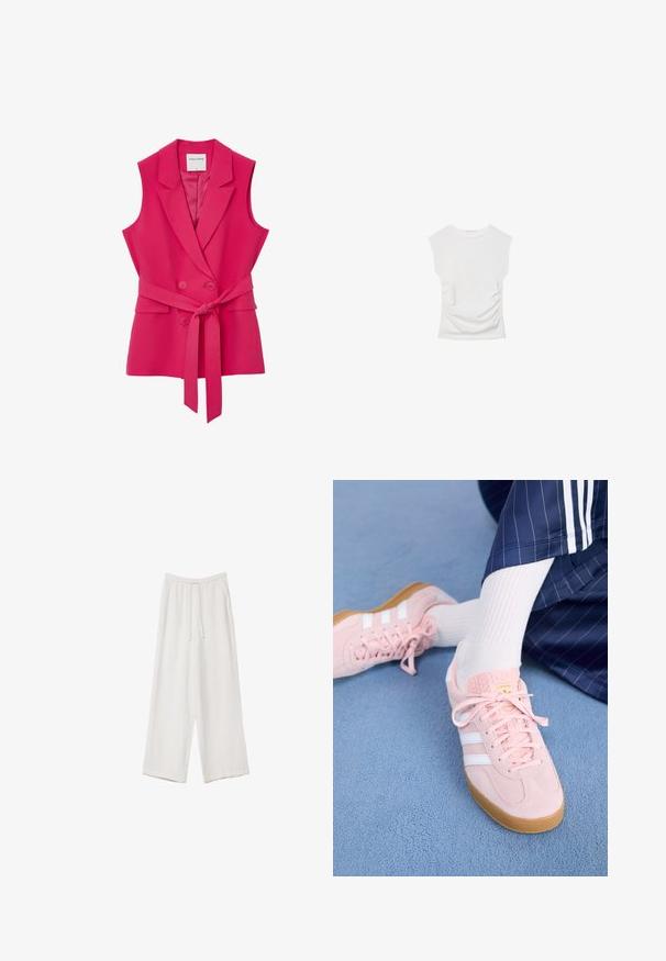 Fuchsia ärmellose Weste mit doppelter Knopfleiste, Reverskragen, Fronttaschen und einem Bindegürtel in der Taille. Glattes, maßgeschneidertes Gewebe.; Weißes Kurzarmoberteil mit Rundhalsausschnitt. Verfügt über geraffte Textur an den Seiten und eine figurbetonte Silhouette, gefertigt aus weichem, dehnbarem Material.; Weiße weit geschnittene Hose aus leichtem Stoff. Mit einem elastischen Bund und Kordelzug sowie Seitentaschen. Glatte Textur.; Hellrosa Wildleder-Sneaker mit weißen Streifen und Schnürsenkeln, ausgestattet mit einer strukturierten Zunge und einer Gummisohle, auf einem blauen Teppich platziert.
