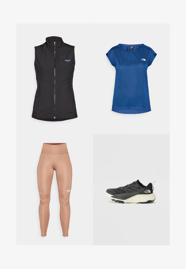 Colete preto sem mangas, com gola alta, fecho frontal e dois bolsos laterais, feito de um tecido suave e leve. Logotipo da Patagonia visível.; The North Face TANKEN TANK  - T-shirt desportiva - estate blue/light heather; Leggings de cintura alta, ajustados ao corpo, na cor castanho claro. Feitos de um material suave e elástico, com um logotipo branco na coxa esquerda.; Shoe atlético preto com um cabedal texturizado, apresentando detalhes em cinza e uma entressola branca. Inclui uma alça e um logótipo da marca em destaque no calcanhar.