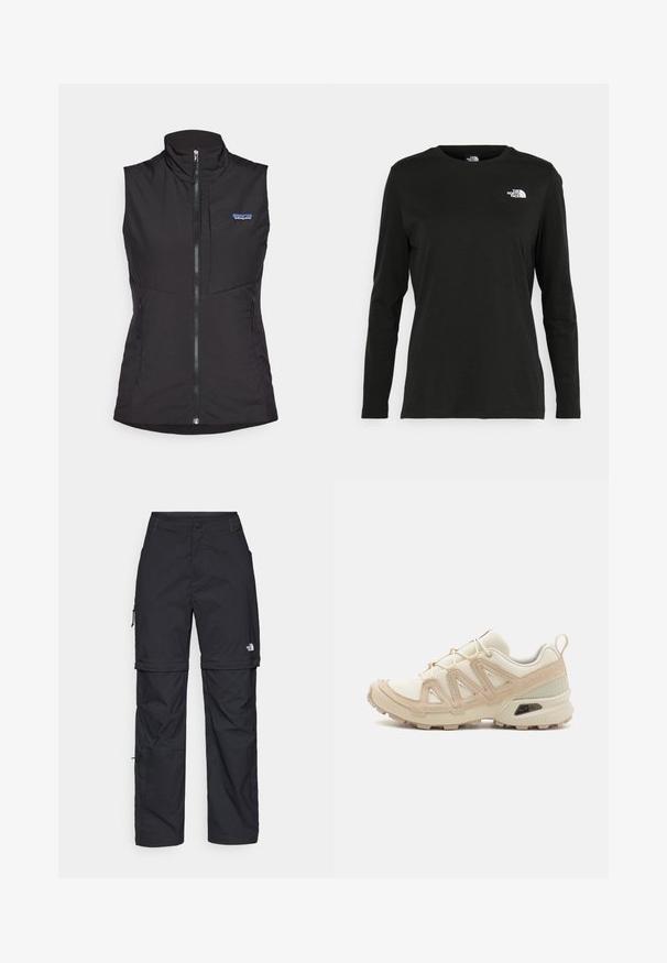 Černá bezrukávová vesta s vysokým límcem, předním zipem a dvěma postranními kapsami, vyrobená z hladkého, lehkého materiálu. Logo Patagonia je viditelné.; Černé tričko s dlouhým rukávem vyrobené z bavlny s kulatým výstřihem. Na levé části hrudi se nachází malé bílé logo. Jednoduchý design a střih.; Černé nylonové cargo kalhoty na zip s nastavitelnými manžetami, několika kapsami a logem na pravé noze. Hladká, lehká textura.; Béžová a krémová sportovní obuv s texturovaným síťovaným svrškem, podpůrnými překryvy a gumovou podrážkou s dezénem pro lepší přilnavost.