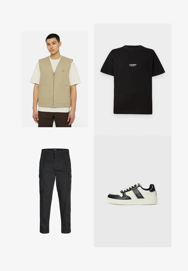 Beige ärmellose Weste aus strapazierfähigem Stoff, mit einem Reißverschluss vorne und zwei großen Taschen. Getragen über einem weißen Hemd.; Schwarzes Baumwoll-T-Shirt mit rundem Halsausschnitt und kurzen Ärmeln. Verfügt über ein weißes "JJ Studios"-Logo im oberen Brustbereich.; Schwarze Cargo-Hose aus robustem Material, mit mehreren Taschen, einem Knopfverschluss und einem Slim-Fit-Design mit schmal zulaufenden Beinen.; Leder-Sneaker in Schwarz- und Cremetönen, mit perforierten Akzenten, einem gepolsterten Kragen und einer strukturierten Laufsohle.