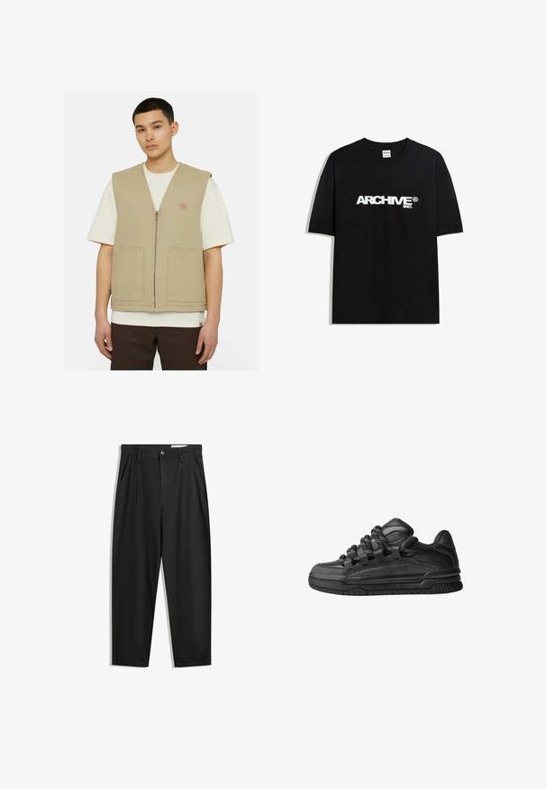 Beige sleeveless vest made of durable fabric, featuring a front zipper and two large pockets. Worn over a white shirt.; Black cotton T-shirt featuring a white "ARCHIVE inc." logo across the chest, short sleeves, and a crew neckline.; Black cotton trousers with a relaxed fit, featuring a classic waistband, front pleats, and side pockets. Smooth texture without patterns.; Black sneakers with a smooth leather upper, textured accents, and round black and white laces. Thick rubber sole with a patterned tread.