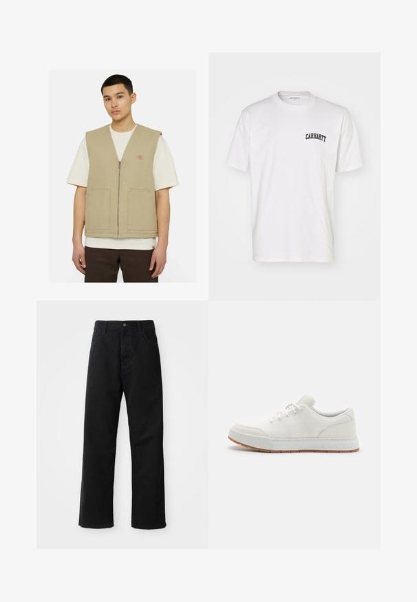 Beżowa bezrękawnik wykonany z trwałego materiału, z zapięciem na zamek z przodu i dwiema dużymi kieszeniami. Nosi się go na białej koszuli.; Biała bawełniana koszulka z krótkim rękawem i okrągłym dekoltem. Z przodu, na górnej części lewej klatki piersiowej, znajduje się czarne logo "Carhartt".; Czarne dżinsy o prostym kroju, z przednimi kieszeniami, zamkiem błyskawicznym i pojedynczym guzikem z przodu. Teksturowana tkanina o matowym wykończeniu.; Białe buty sportowe z siateczkową cholewką, okrągłym noskiem i gumową podeszwą z teksturowanym wzorem. Posiadają płaskie sznurowadła i subtelną markę na pięcie.
