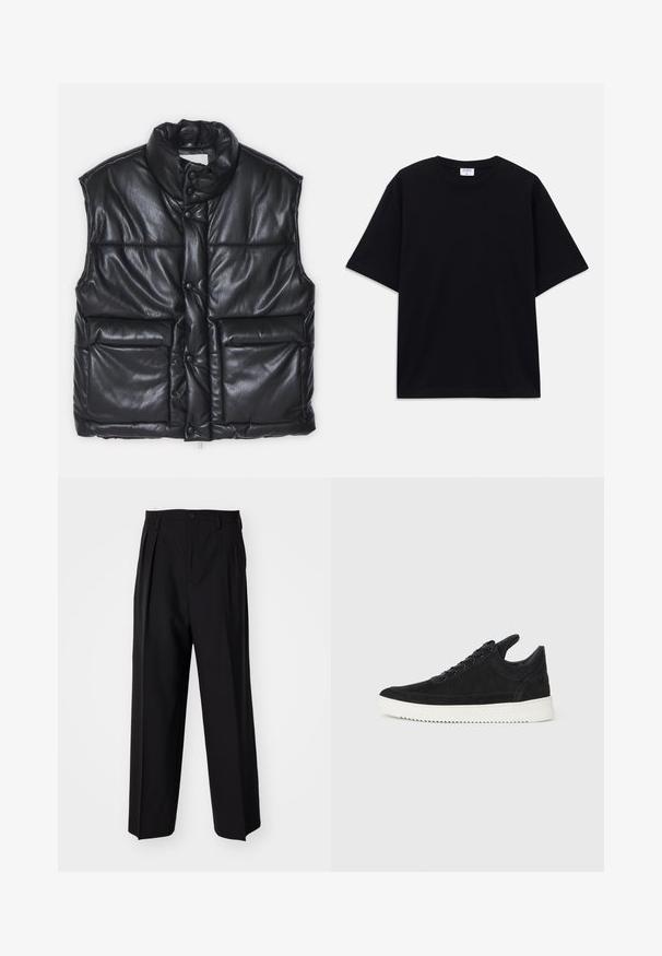 Čierna vypchaná vesta s vysokým golierom, obsahujúca štyri veľké gombíky, lesklú koženú textúru a dve predné vrecká.; Čierne nadrozmerné tričko s krátkym rukávom a okrúhlym výstrihom, s viditeľnou značkovou etikou Filippa K vo vnútri goliera.; Čierne skladané nohavice s rovnom, širokým strihom. Vyrobené z hladkého materiálu, s gombíkovým zapínaním a pútkami na opasok.; čierne semišové tenisky s bielou gumovou podrážkou, s tonálnym prešívaním a šnurovaním. Hladká textúra s moderným, zjednodušeným tvarom.