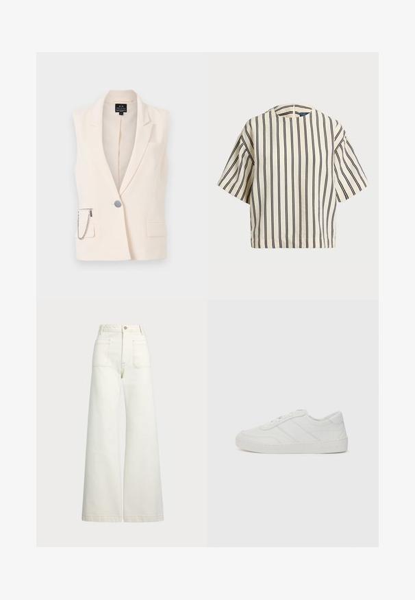 Colete cremoso sem mangas com lapela entalhada, fecho de botão único, bolsos laterais e uma corrente decorativa no bolso com zíper.; Top de manga curta, riscado em creme e azul marinho, com decote redondo e design boxy em tecido texturizado.; Jeans de perna larga em denim off-white. Design de cintura alta com fecho de botão, dois bolsos frontais e detalhes de costura em contraste.; Sapatilha de couro branco com atacadores planos, bico arredondado e detalhes de costura subtis. Apresenta uma sola texturizada e um logótipo da marca em relevo no calcanhar.
