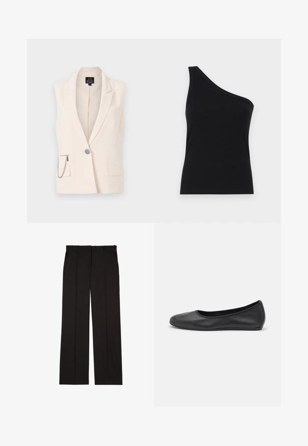 Beigeruo bešvarkis be rankovių su įpjovimu apykakle, vienu mygtuko užsegimu, šoninėmis kišenėmis ir dekoratyvine grandinėle ant užtrauktuko kišenės.; Juosmens juodos spalvos ribotuvas su viena petnešėle, tinkamu dizainu ir minkšta tekstūra. Išskirtinis švarus, minimalistinis kirpimas ir sklandus iškirpimas.; Juodos pritaikytos kelnės, pagamintos iš lygaus audinio, su tiesiomis kojomis ir dviem šoniniais kišenėmis. Elegantiška ir minimalistinė konstrukcija.; Juodai odiniai baletai su apvaliu pirštu, lygi texture, minimalus siuvimo detales ir lanksčiu padų dizainu.