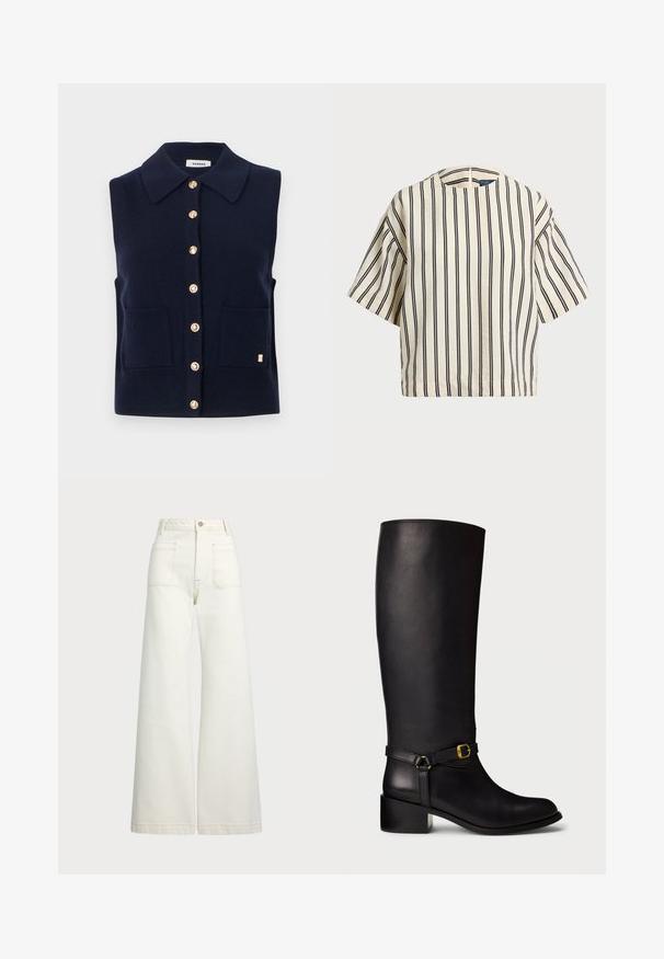 Tamsiai mėlynas megztas be rankovių svarkelis su klasikine apykakle, auksiniais mygtukais ir dviem priekinėmis kišenėmis. Auksinė logotipo detalė šone.; Kreminės ir tamsiai mėlynos juostelės trumpų rankovių marškinėliai, turi apvalų iškirpimą ir dėžutės tipo dizainą, pagaminti iš tekstūruotos medžiagos.; Plati kojinės džinsai of white denimo. Aukštas liemuo, su mygtuko uždarymu, dviem priekinėmis kišenėmis ir kontrastingai siuvinėjimu.; Juoda odinė kelio ilgio boot su mažu blokiniu kulnu ir dekoratyvine juostele, turinčia mažą auksinę sagtį ant kulkšnies.