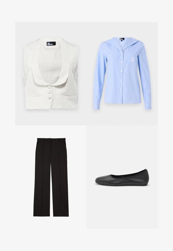 The Kooples - Kamizelka; Jasnoniebieska koszula w paski z kołnierzykiem marynarskim, długim rękawem, z guzikami z przodu i kieszenią z haftowanym detalem.; Czarne dopasowane spodnie wykonane z gładkiej tkaniny, charakteryzujące się prostymi nogawkami i dwoma bocznymi kieszeniami. Elegancka i minimalistyczna konstrukcja.; Czarne skórzane baletki z zaokrąglonym noskiem, gładką fakturą, minimalnymi przeszyciami i elastycznym designem podeszwy.