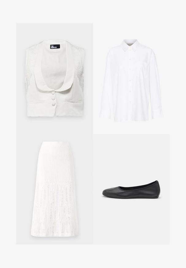The Kooples GILET - Bodywarmer - ecru; Witte lange mouwen overhemd met kraag van katoen. Voorzien van een knoopsluiting aan de voorkant en een enkele borstzak. Een gladde textuur en een ontspannen pasvorm.; Gehaakte witte midi rok met een textuurpatroon met verticale lijnen en uitsparingen nabij de zoom. Elastische tailleband. Zacht materiaal.; Zwarte leren ballerina met een ronde neus, gladde textuur, minimale stikdetails en een flexibele zoolontwerp.