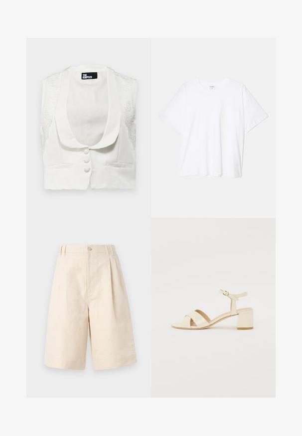 The Kooples GILET - Veste sans manches - ecru; T-shirt en coton blanc avec des manches courtes, un col rond, une coupe décontractée et un ourlet cousu. Étiquette visible à l'intérieur du col.; Shorts en lin beige avec une coupe décontractée, présentant une fermeture à bouton, un design plissé et une longueur à mi-genou. Texture lisse et style simple.; Sandales à talons en cuir verni beige avec un design à brides croisées, bout ouvert, bride de cheville réglable et un talon carré. Texture lisse.
