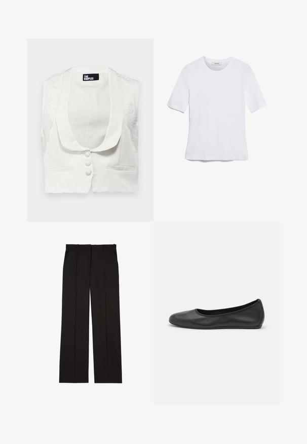 The Kooples GILET - Vest - ecru; Valge lühikeste varrukatega T-särk ribatud kangast. Ümara kaelusega, tavalisest sobivusest ja peente õmbluse detailidega. Ilma mustrite või graafikateta.; Mustad kohandatud püksid sujuvast kangast, sirge jala disainiga ja kahe küljetaskuga. Elegantne ja minimalistik ehitus.; Musthave mustika tantsutossud mustast nahast, ümmarguse varbaga, siledast tekstuurist, minimaalse õmblusdetailiga ja paindliku tallakujundusega.