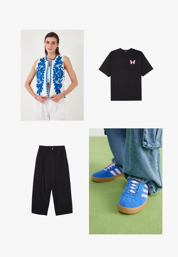 Vezen telovnik z modrimi cvetličnimi vzorci na belem ozadju, z zadrgo spredaj in okrasnim trakom ob robovih.; Črna bombažna majica s kratkimi rokavi, ki ima majhen roza metuljček na levi strani prsnega dela. Majica s krožnim ovratnikom in sproščenim krojem.; Črne poliesterske culotte hlače z elastičnim pasom, dvema sprednjima nabiranjema in ohlapnim krojem. Brez vidnih vzorcev ali kovinskih detajlov.; Modri semiš čevlji z rožnatimi črtami in belimi vezalkami, z gumijastim podplatom, v kombinaciji z ohlapnimi jeans hlačami na zeleni površini.