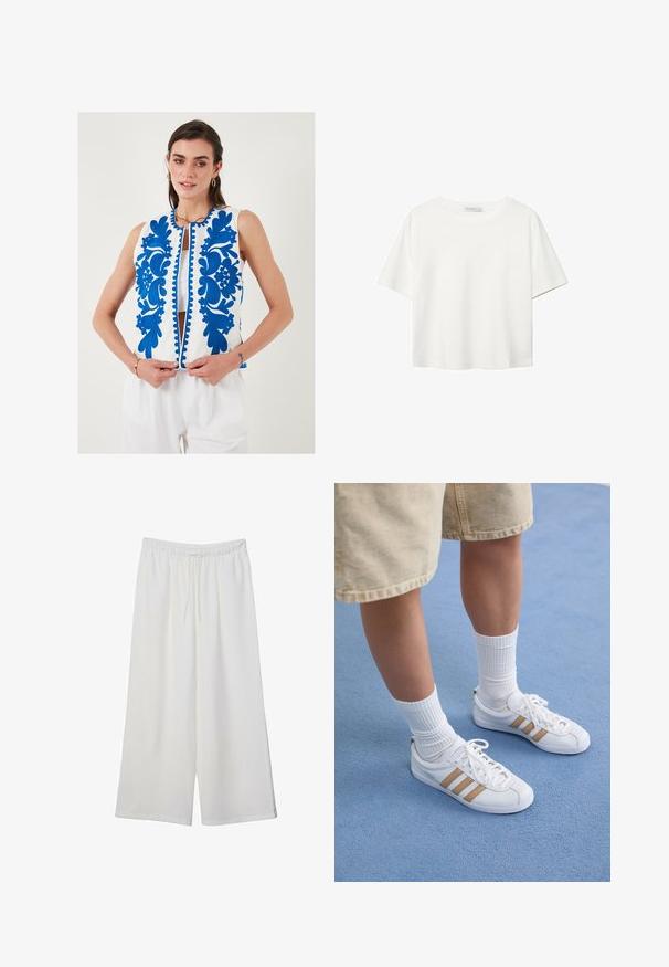 Weißes besticktes Weste mit blauen Blumenmustern, einem Reißverschluss vorne und dekorativen gewellten Kanten. Über einem weißen Oberteil getragen.; Weißes T-Shirt mit kurzen Ärmeln aus Baumwolle. Hat einen Rundhalsausschnitt und eine lockere Passform. Glatte Textur ohne sichtbare Muster oder Akzente.; Weiße, weit geschnittene Hosen aus leichtem Stoff, mit einem elastischen Bund und einem Zugband für eine verstellbare Passform. Glatte Textur.; Weiße Sneakers mit drei goldenen Streifen, Schnürdesign, Gummisohle, getragen mit gerippten weißen Socken und beigen Shorts auf einer blauen Fläche.