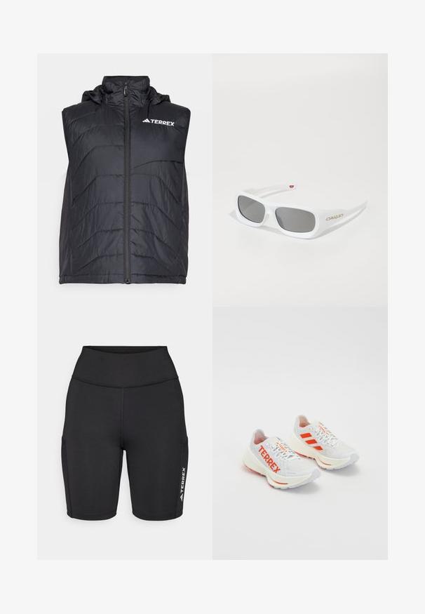 Zwarte geïsoleerde vest met een capuchon, voorzien van een rits aan de voorkant en een verticaal stiksels patroon. Logo "TERREX" weergegeven aan de bovenste linkerkant.; Witte sportieve T-shirt van vochtafvoerende stof. Korte mouwen, ronde hals, met zwart logo en drie-strepenembleem op de linkerkant van de borst.; Zwarte sportshorts van rekbaar materiaal, met een hoge tailleband, zijzakken en een witte logoaccent op één been.; Witte hardloopschoenen met oranje accenten. Mesh materiaal, ronde neus en dikke tussenzool. "TERREX" gedrukt aan de zijkant en drie strepen op de hiel.; Witte rechthoekige Oakley-zonnebril met donkere lenzen die op een witte ondergrond liggen, logo zichtbaar aan de zijkant.