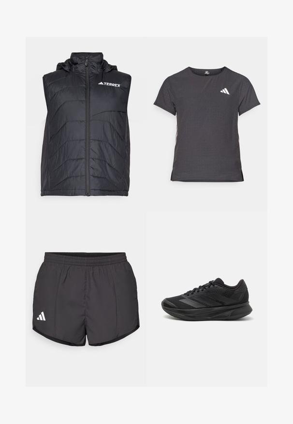 Black insulated vest with a hood, featuring a front zipper and vertical stitching pattern. Logo "TERREX" displayed on the upper left side.; Short-sleeve athletic t-shirt, dark gray with perforated texture. Features a white logo and contrasting side stripes. Rounded neckline.; Black athletic shorts made of lightweight fabric, featuring an elastic waistband and a white Adidas logo on the lower left side.; Black running shoe with a breathable mesh upper, rounded toe, sleek design, textured accents, and a cushioned sole for comfort.
