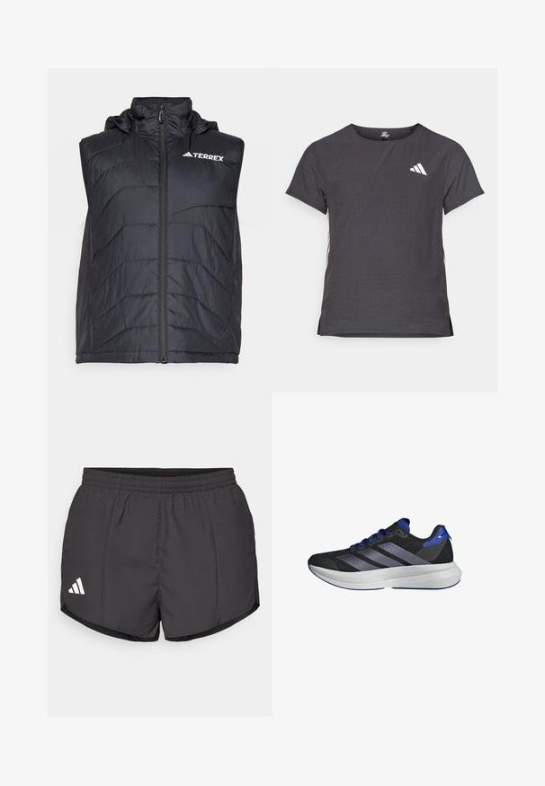 Schwarze isolierte Weste mit Kapuze, ausgestattet mit einem Frontreißverschluss und vertikalem Nähmuster. Das Logo "TERREX" ist auf der oberen linken Seite angebracht.; Kurze Ärmel Sport-T-Shirt, dunkelgrau mit durchbrochener Textur. Enthält ein weißes Logo und kontrastierende Seitenstreifen. Runder Ausschnitt.; Schwarze Sportshorts aus leichtem Material, mit einem elastischen Bund und einem weißen Adidas-Logo auf der unteren linken Seite.; Sportlichschuhe mit einem schwarzen Mesh-Obermaterial, blauen Akzenten und drei seitlichen Streifen. Dicke weiße Zwischensohle mit strukturierter Oberfläche. Niedrig geschnittenes Design.