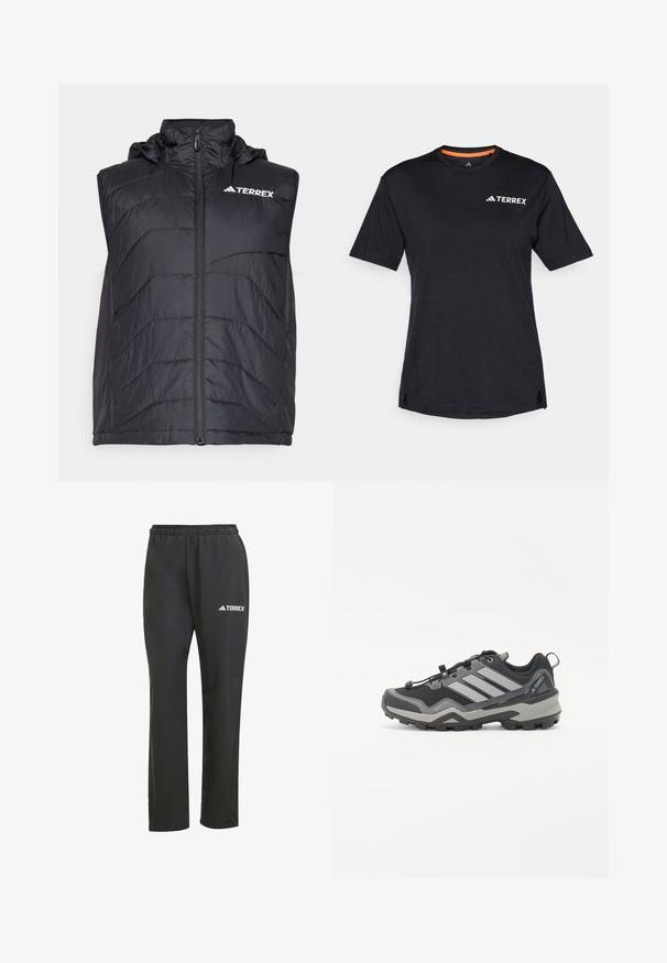 Čierna zateplená vesta s kapucňou, s predným zipsom a vertikálnym vzorom prešitia. Logo "TERREX" zobrazené na hornej ľavej strane.; Čierne tričko s krátkym rukávom a okrúhlym výstrihom, s jemnou melírovanou textúrou a bielym logom "TERREX" na hornej ľavej strane.; Čierne ľahké nohavice s elastickým pásom. Obsahujú jemné logo „TERREX“ v bielej farbe. Hladká tkanina a strih s rovnými nohavicami.; Čierna a šedá turistická obuv s textúrovaným povrchom, gumovou podrážkou a tromi výraznými šedými pruhmi na boku; obsahuje systém rýchleho šnurovania.