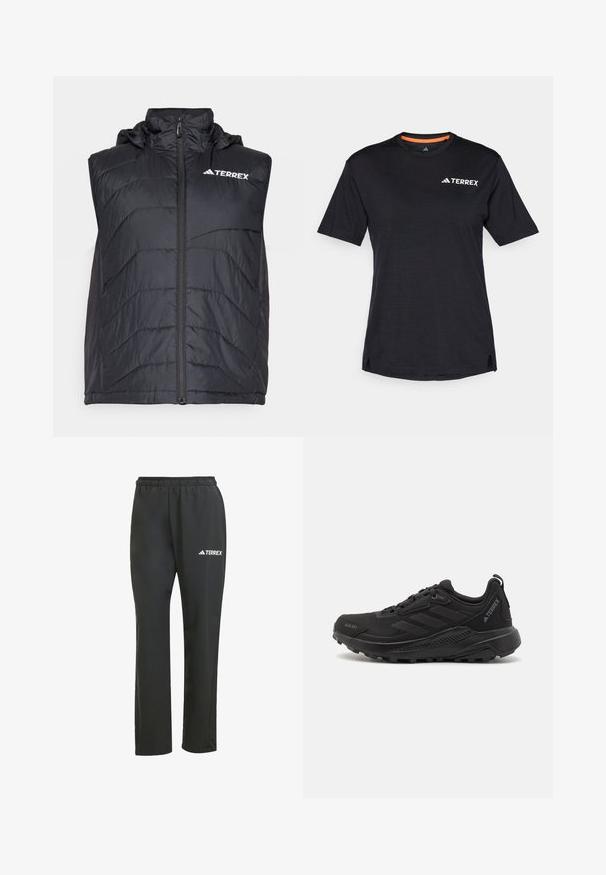 Schwarze isolierte Weste mit Kapuze, ausgestattet mit einem Frontreißverschluss und vertikalem Nähmuster. Das Logo "TERREX" ist auf der oberen linken Seite angebracht.; Schwarzes Kurzarm-T-Shirt mit Rundhalsausschnitt, das eine dezente melierte Textur aufweist und ein weißes "TERREX"-Logo auf der oberen linken Seite hat.; Schwarze, leichte Hose mit einem elastischen Bund. Besitzt ein dezentes, weißes "TERREX"-Logo. Hergestellt aus glattem Material mit geradem Bein.; Schwarze Sportschuhe mit einer strukturierten, synthetischen Oberseite, Schnürverschluss, dicke Gummisohle und dezenten Logo-Akzenten an der Seite und der Ferse.
